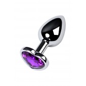 Серебристая коническая анальная пробка с фиолетовым кристаллом-сердечком - 7 см. - ToyFa - купить с доставкой в Ульяновске