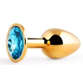 Золотистая анальная пробка с голубым стразом - 7,2 см. - Anal Jewelry Plug - купить с доставкой в Ульяновске