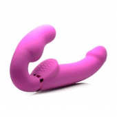 Розовый безремневой страпон с вибрацией и функцией расширения Inflatable Ergo-Fit Strapless Strap-On - XR Brands - купить с доставкой в Ульяновске