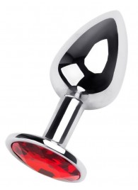 Маленькая коническая серебристая анальная пробка с красным кристаллом - 7 см. - ToyFa - купить с доставкой в Ульяновске