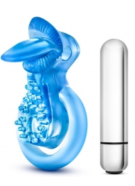 Голубое эрекционное виброкольцо 10 Function Vibrating Tongue Ring - Blush Novelties - в Ульяновске купить с доставкой