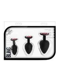 Набор черных анальных пробок с красным кристаллом-сердечком Bling Plugs Training Kit - Blush Novelties - купить с доставкой в Ульяновске