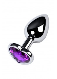 Серебристая коническая анальная пробка с фиолетовым кристаллом-сердечком - 7 см. - ToyFa - купить с доставкой в Ульяновске