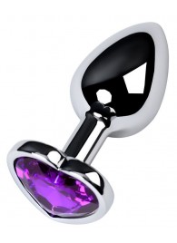 Серебристая коническая анальная пробка с фиолетовым кристаллом-сердечком - 7 см. - ToyFa - купить с доставкой в Ульяновске