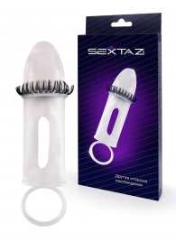Закрытая насадка на пенис с подхватом мошонки и стимулирующими «ресничками» - Sextaz - в Ульяновске купить с доставкой