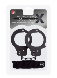 Чёрные наручники из листового металла в комплекте с веревкой BONDX METAL CUFFS LOVE ROPE SET - Dream Toys - купить с доставкой в Ульяновске