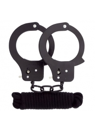 Чёрные наручники из листового металла в комплекте с веревкой BONDX METAL CUFFS LOVE ROPE SET - Dream Toys - купить с доставкой в Ульяновске