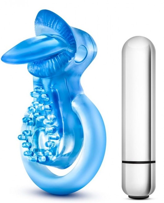 Голубое эрекционное виброкольцо 10 Function Vibrating Tongue Ring - Blush Novelties - в Ульяновске купить с доставкой