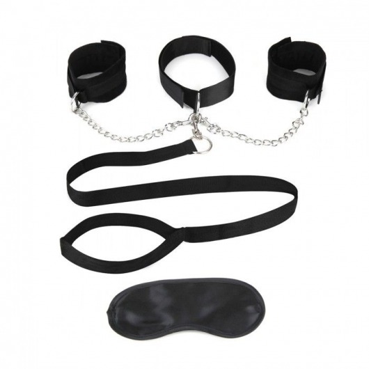 Чёрный ошейник с наручниками и поводком Collar Cuffs   Leash Set - Lux Fetish - купить с доставкой в Ульяновске