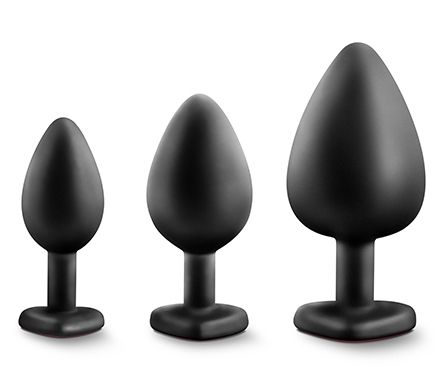 Набор черных анальных пробок с красным кристаллом-сердечком Bling Plugs Training Kit - Blush Novelties - купить с доставкой в Ульяновске