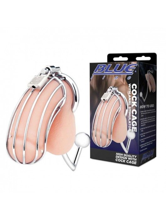 Серебристая металлическая клетка с анальным стимулятором Cock Cage - BlueLine - купить с доставкой в Ульяновске