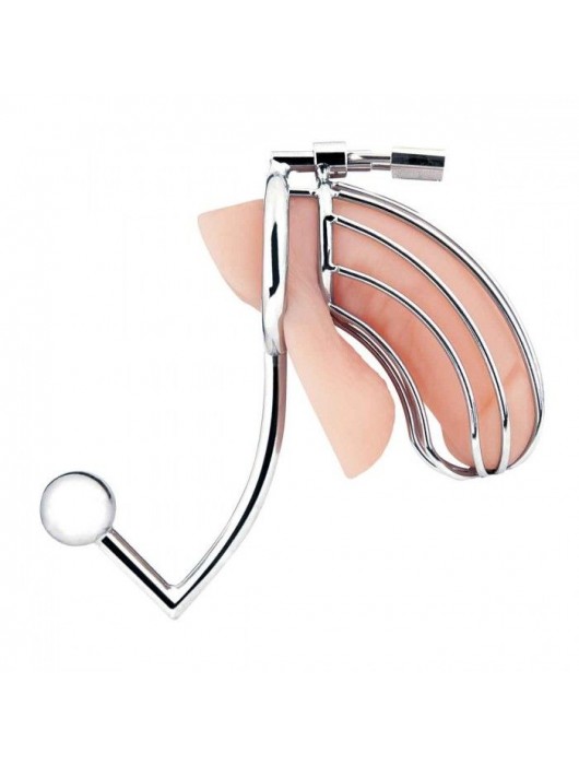 Серебристая металлическая клетка с анальным стимулятором Cock Cage - BlueLine - купить с доставкой в Ульяновске