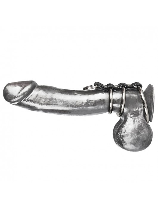 Хомут на пенис из трех металлических колец и кольца для привязи 3 RING GATES OF HELL - BlueLine - купить с доставкой в Ульяновске