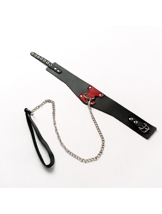 Черный широкий ошейник с красным декором и поводком - Crazy Handmade - купить с доставкой в Ульяновске