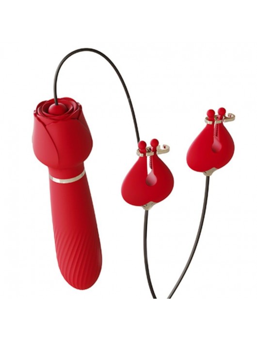 Красный вибромассажёр с зажимами для сосков - 16 см. - A-LOVING