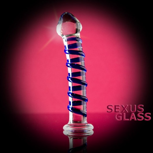 Фаллоимитатор из стекла с синей спиралью - 18 см. - Sexus купить с доставкой в интернет-магазине Orgasmix в Ульяновске Фаллоимитатор из стекла с синей спиралью - 18 см. - Sexus