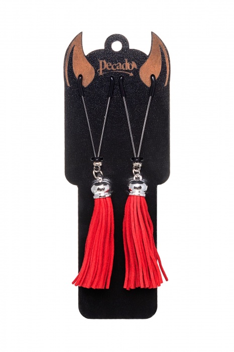 Зажимы на соски «Вилки» с красными кисточками из замши - Pecado - купить с доставкой в Ульяновске