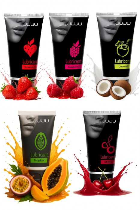 Набор из 5 съедобных лубрикантов JUJU (клубника, малина, тропические фрукты, вишня, кокос) - JuJu - купить с доставкой в Ульяновске