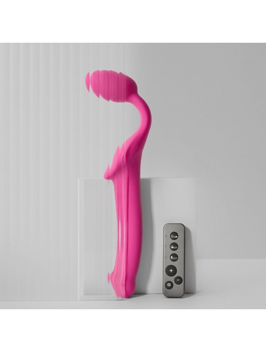 Ярко-розовый безремневой страпон Strap-on-me Vibrating Bendable Strap-On size XL - Strap-on-me - купить с доставкой в Ульяновске