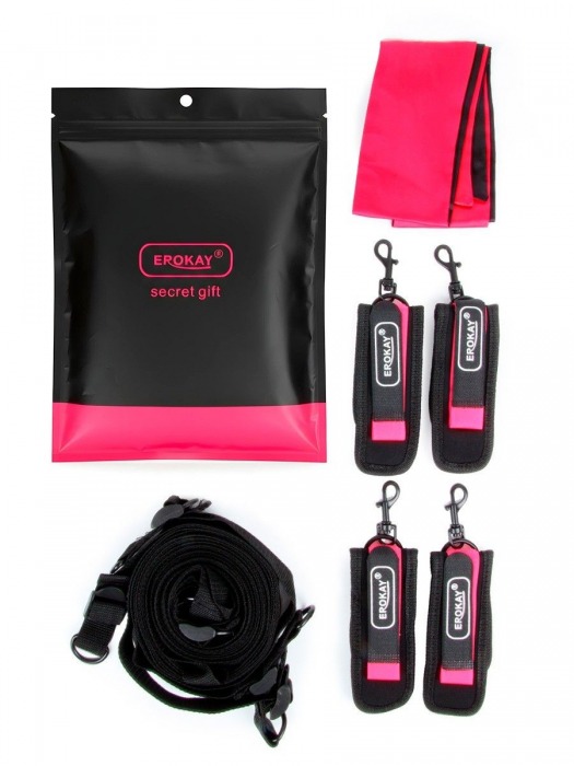 Черно-розовый эротический набор: фиксатор, оковы, наручники, повязка - Erokay - купить с доставкой в Ульяновске