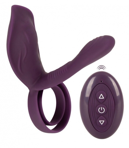 Фиолетовая насадка на член с клиторальным отростком и пультом ДУ RC Couple’s Vibrator 2 - Orion - в Ульяновске купить с доставкой