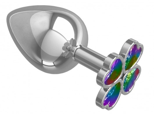 Серебристая анальная пробка-клевер с радужным кристаллом - 9,5 см. - Джага-Джага - купить с доставкой в Ульяновске
