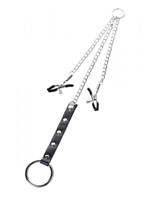 Серебристо-чёрные зажимы для сосков с кольцом для пениса TOYFA Metal - ToyFa - купить с доставкой в Ульяновске